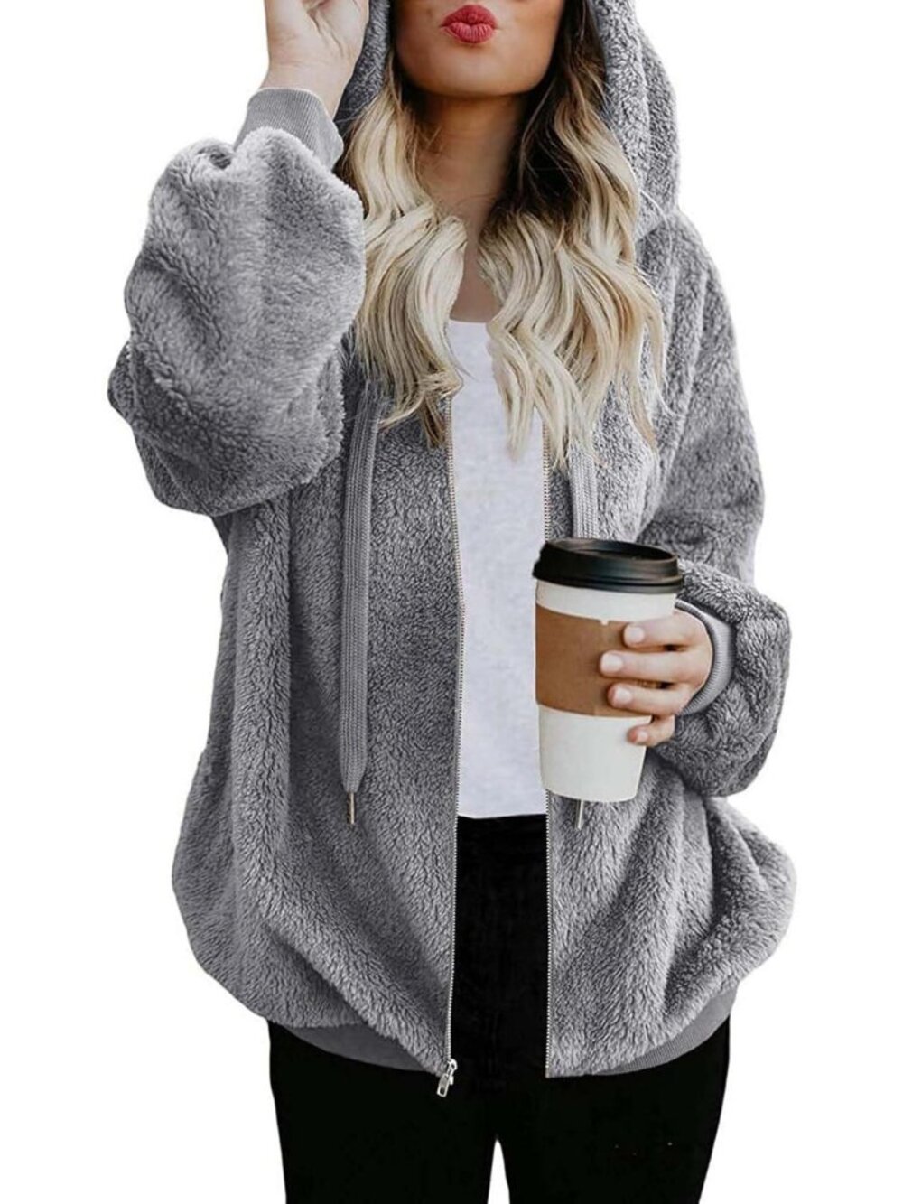Cozy Oversized Sherpa Hoodie Jacket | Fuzzy Fleece Zip-Up Coat for Women